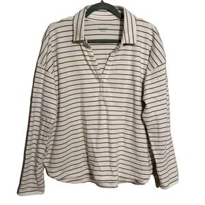 Garnet Hill Striped Polo‎ Top Large Organic Classic Minimalist Beach Vacation